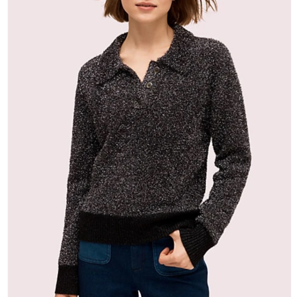 KATE SPADE Black Silver Grey Metallic Sparkle Polo Sweater Women’s Small